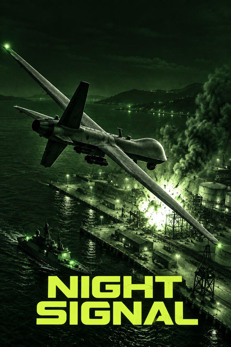 Night Signal cover: a drone over a burning harbor at night, seen through night vision